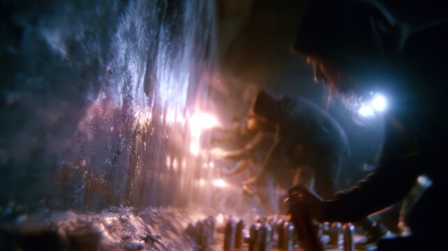 dark night absolutely long sequence, NO cuts, one-take sequence. Handheld shaky camera moving nervously around the action, cine 16 mm film, stolen documentary look. Nighttime, dark cyber-noir atmosphe