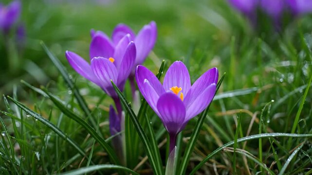 Purple flowers blooming in the grass, close up of purple crocuses after rain