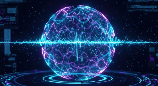 digital globe with neon waves and futuristic interface