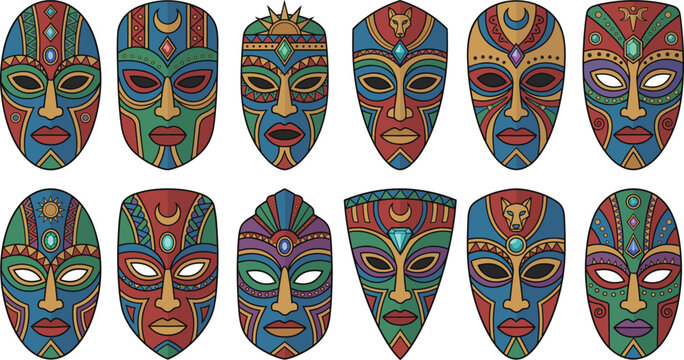 Collection of diverse ethnic tribal masks with ancient geometric ornaments and ritual symbols isolated on white background