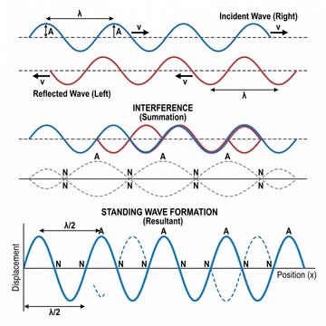 Physics educational diagram illustrating standing wave formation, wave interference, incident and reflected waves with nodes and antinodes