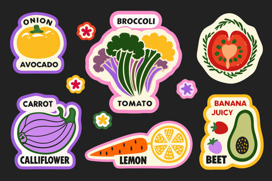 retro vegetable fruit stickers on black background sticker onion avocado broccoli tomato carrot