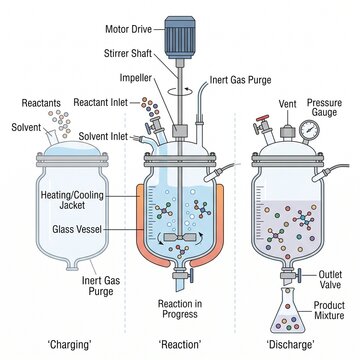 Diagram illustrating the chemical reaction process in a laboratory reactor, outlining stages from initial material loading and active mixing to final product separation