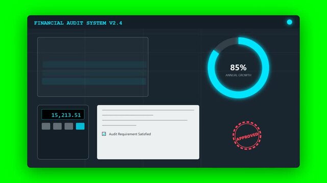 Financial Audit System Interface showing Annual Growth Progress and Approved Stamp on Green Screen