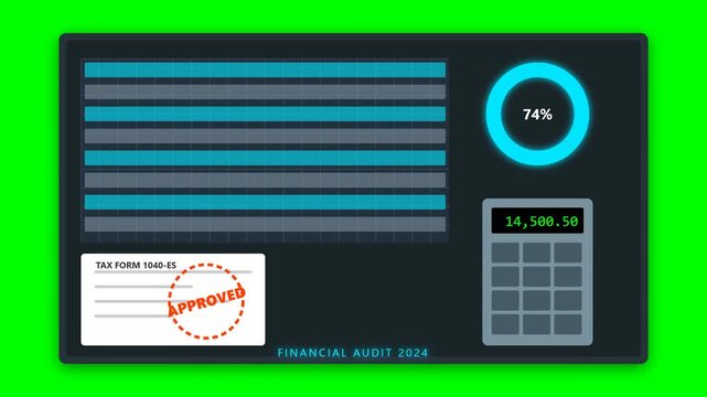 Financial Audit 2024 Digital Dashboard with Tax Form 1040-ES and Approved Stamp on Green Screen