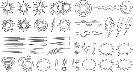 Comic Book Action Effects Set with Explosions Lightning Speed Lines and Speech Bubbles Vector Illustration Collection © Mst