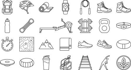 Fototapeta premium Comprehensive fitness and outdoor sports equipment line icon set featuring gym tools workout gear and adventure accessories