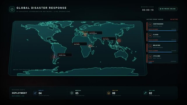 Global disaster response coordination map with emergency alert markers and relief deployment