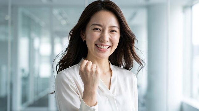 Cheerful portrait of a happy Asian businesswoman smiling brightly and celebrating a big victory with a fist pump gesture in a bright modern office setting.