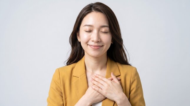 Close-up portrait of a serene East Asian businesswoman in a yellow blazer pressing both hands over her heart with eyes closed in gratitude, relief, or mindfulness, studio background.