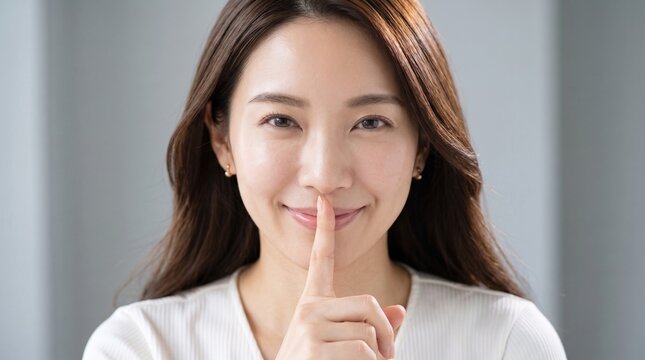 Close-up portrait of a cheerful East Asian woman putting her index finger on her lips in a shh quiet or secret gesture, smiling warmly at the camera.