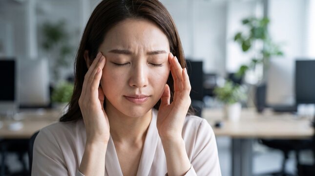 Close-up shot of a stressed Asian woman rubbing and pressing her temples with eyes closed due to a severe migraine, headache, or office burnout in a modern workplace.