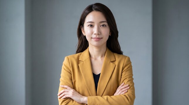 Professional medium portrait of a confident East Asian businesswoman wearing a mustard yellow blazer posing with arms crossed and a gentle smile.