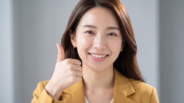 Close-up portrait of a cheerful East Asian businesswoman in a yellow blazer giving a confident thumbs-up sign with a warm, encouraging smile.