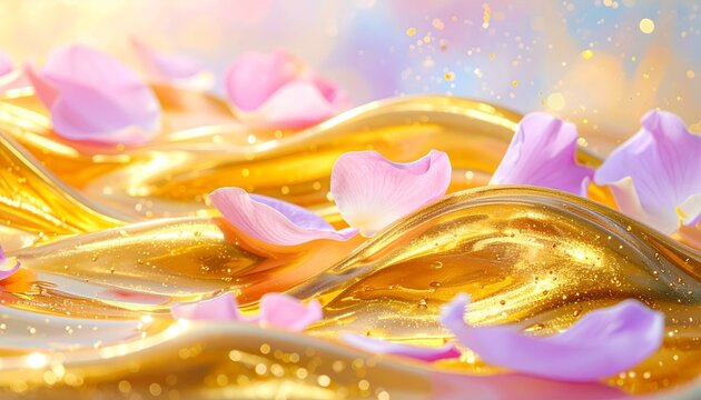 Golden Liquid Surface with Floating Flower Petals