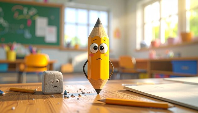 Cute yellow pencil character with a sad face standing on a wooden school desk with a small stone friend in a bright classroom setting.