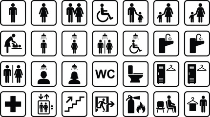 Collection of universal public restroom and facility pictograms on white background © SoHel