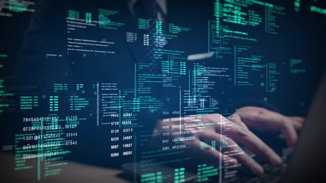 Developer Programming Software Code On Virtual Digital Interface With Cybersecurity Data Analysis And Artificial Intelligence Technology Concept For Modern Computing