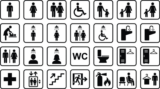 Collection of universal public restroom and facility pictograms on white background