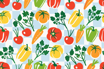 fresh produce on checkered pattern vector vegetables fruits tomato carrot pepper illustration graphic © Barsha