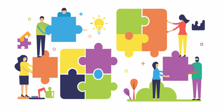 people assembling puzzle pieces flat vector illustration teamwork collaboration group activity design graphic