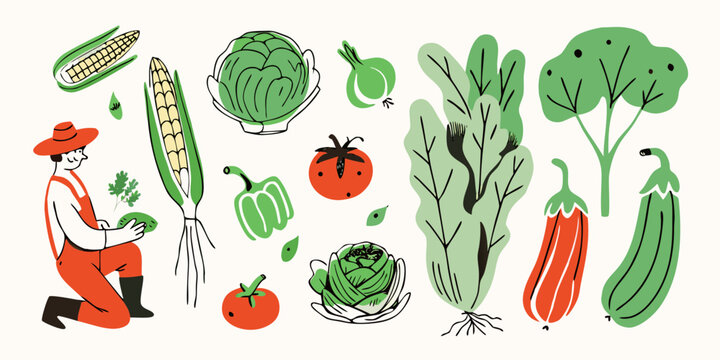 fresh vegetables and farmer illustration vegetable garden agriculture corn tomato pepper carrot eggplant