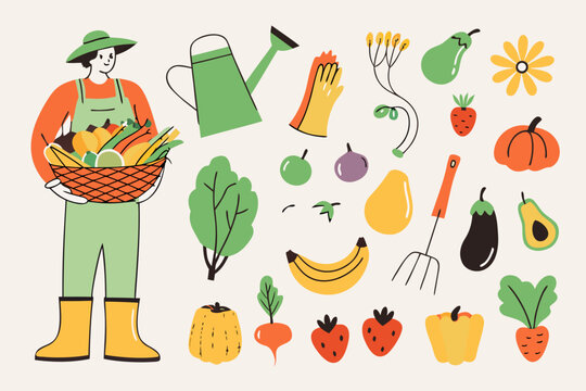 gardener with harvest collection vector illustration vegetables fruits watering gloves fork banana eggplant