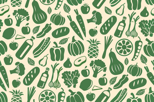 green silhouette food pattern on beige background vegetables fruits carrot apple pineapple broccoli