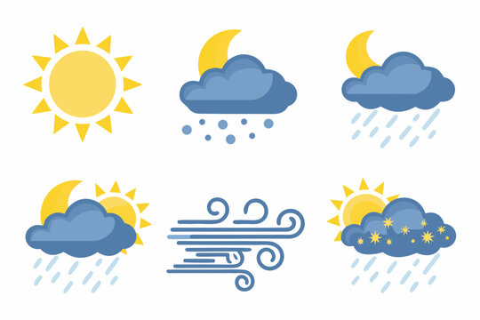 weather icons set flat style on white background sun moon cloud rain wind