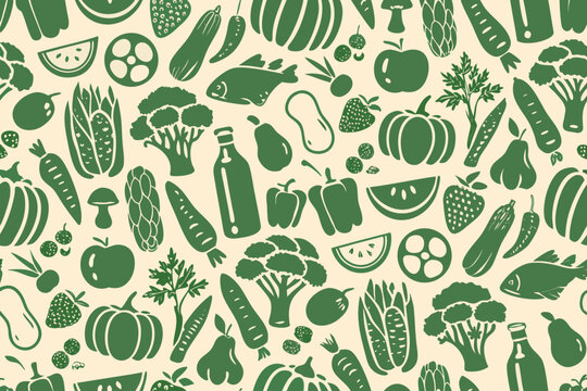 food silhouette pattern in green on beige background vegetables fruits fish broccoli carrot