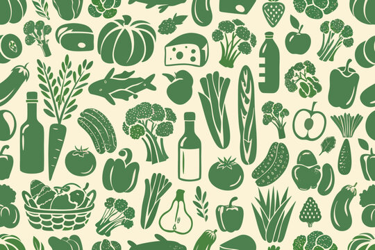 green silhouette food pattern on beige background vegetables fruits icon illustration design graphic