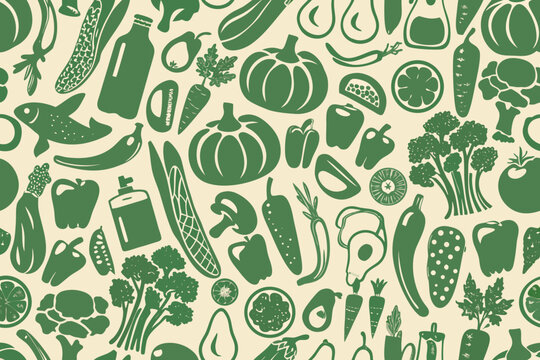 green silhouette food pattern on beige background vegetables fruits illustration design graphic art