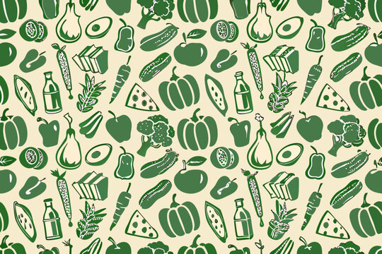 green silhouette food pattern on beige background vegetables fruits avocado pepper carrot broccoli