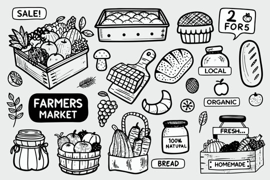 farmers market doodles in hand drawn black and white style food produce basket