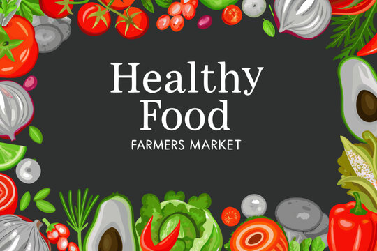 healthy food farmers market vector illustration vegetables fruits avocado tomato onion pepper graphic