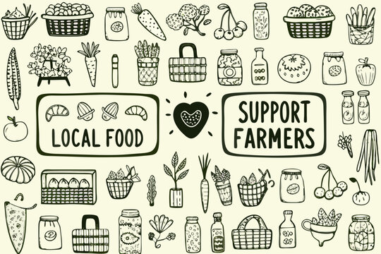 hand drawn farmers market doodles on beige background local food support vegetables fruits