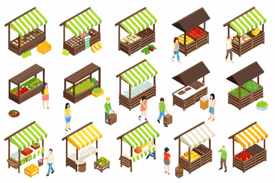 farmers market stalls isometric vector illustration view art food vendors produce stands grocery