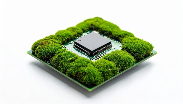 A conceptual close up view of a computer processor chip surrounded by green moss representing sustainable technology and eco friendly computing.