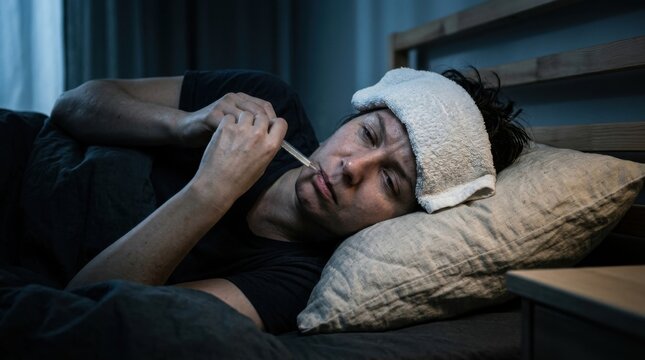 Person Sick In Bed With Thermometer And Cold Compress
