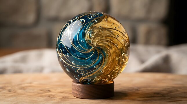Decorative glass orb with blue and gold swirl patterns on a wooden base