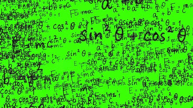 Chaotic Flying Math and Physics Formulas Zooming on Green Screen