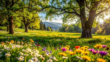 Fototapeta premium Sunlit Meadow with Blooming Wildflowers and Lush Trees