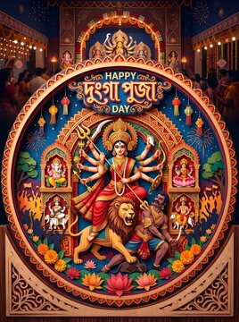 Happy Durga Puja Day Card Illustration