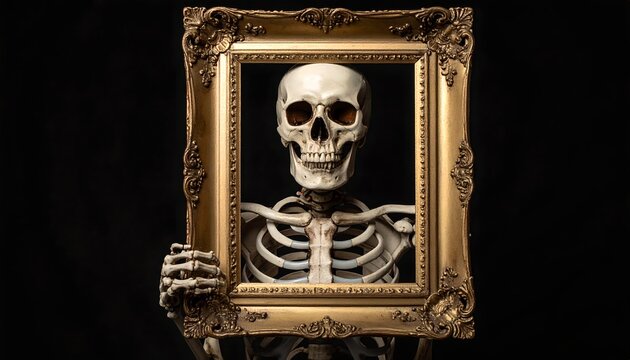 Eerie Skeleton Holding Ornate Gold Frame