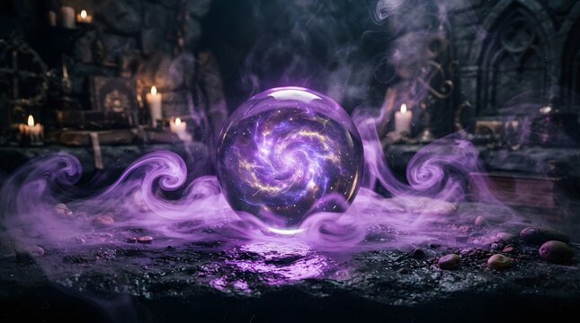 Mystical purple crystal ball with swirling magical smoke