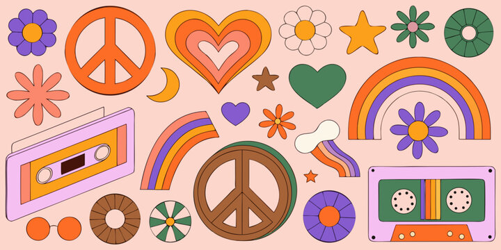 Retro floral and peace sign pattern with cassette tapes orange and purple