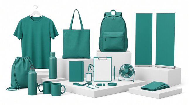 Teal Corporate Branding and Promotional Merchandise Mockup Collection on White Background