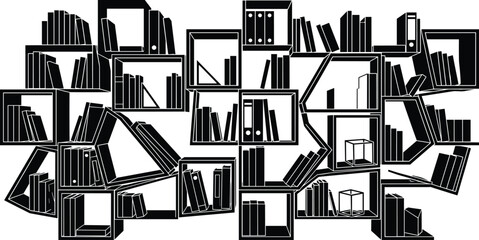 Modern abstract black and white vector illustration of geometric bookshelves filled with books © MdArif