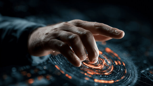 Hand activates a complex glowing orange circular data interface on a dark technological control surface.