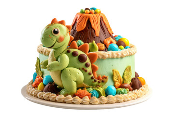 Fototapeta premium Realistic homemade children's birthday cake featuring a friendly dinosaur beside a volcano with colourful edible decorations. Isolated PNG on a white background for baking inspiration.